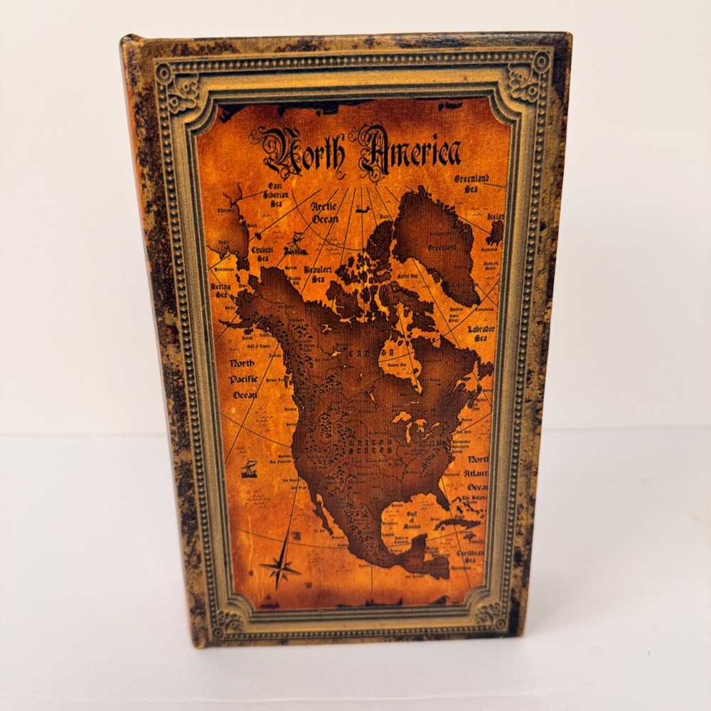 Faux Book Storage Box Brown Vintage Map North America 8.5" Hidden Safe Decor